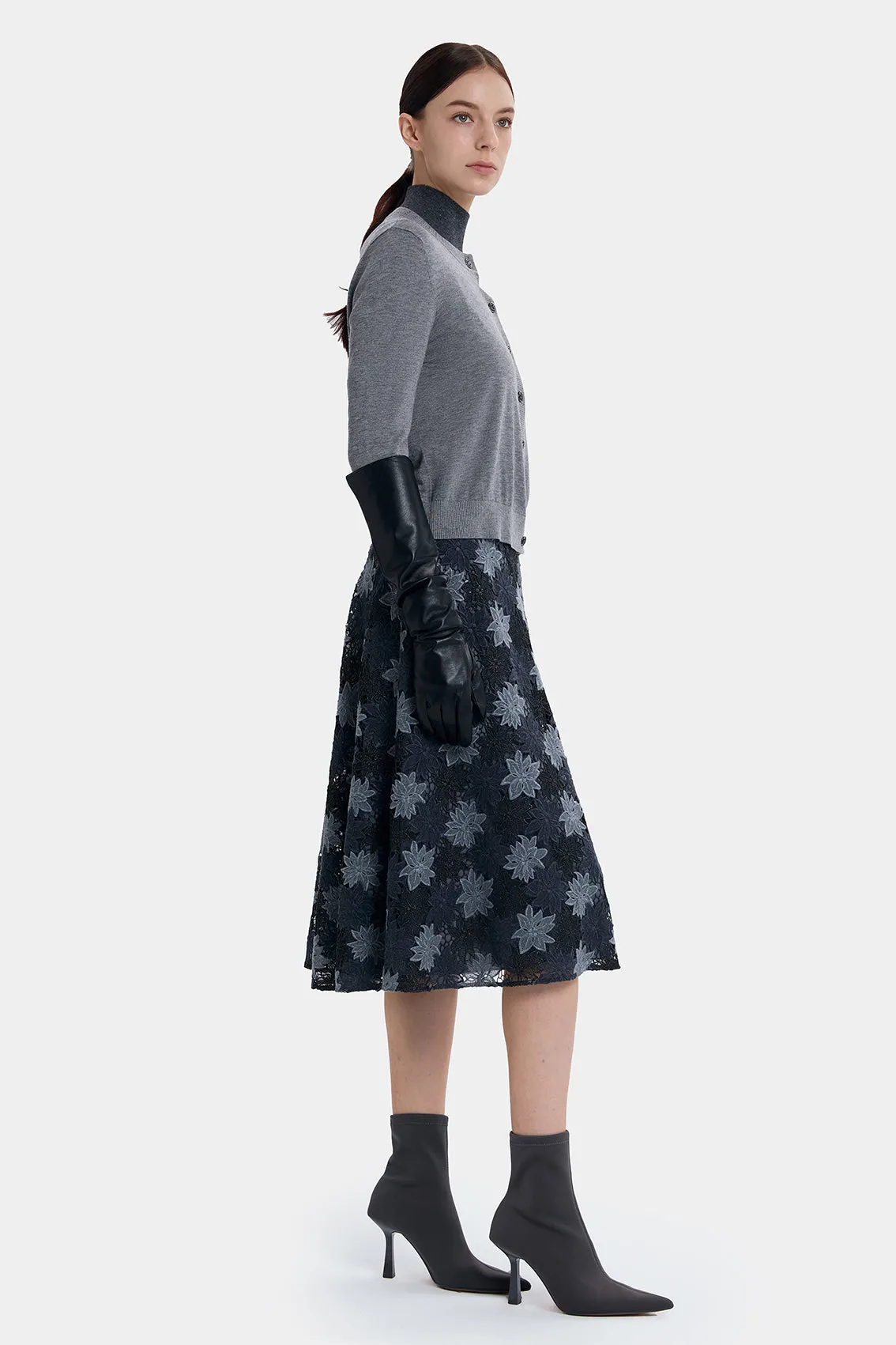 EXQUISTE SILVER FLORAL A-LINE SKIRT
