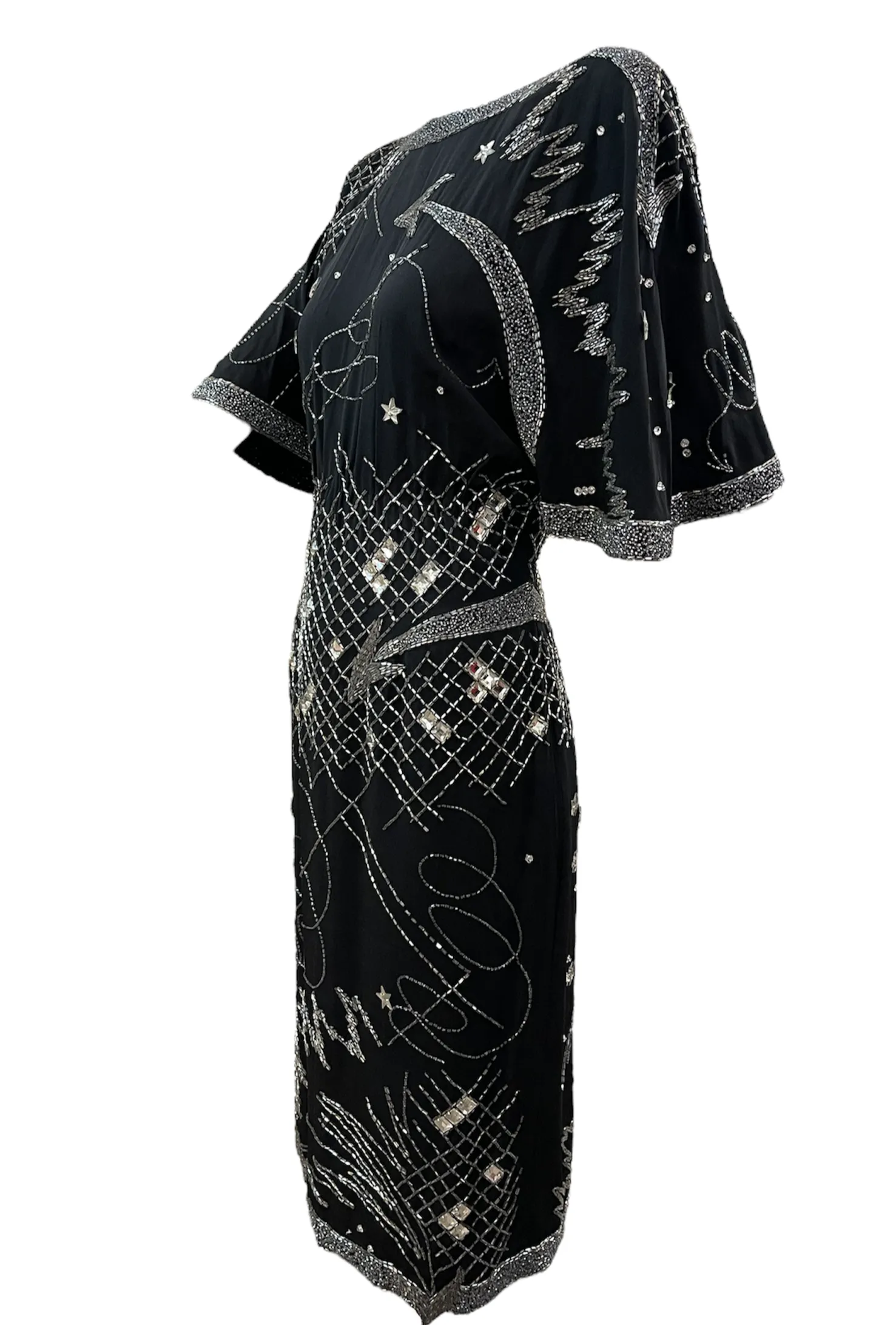Fabrice 80s Black Beaded Cocktail Dress with Stars