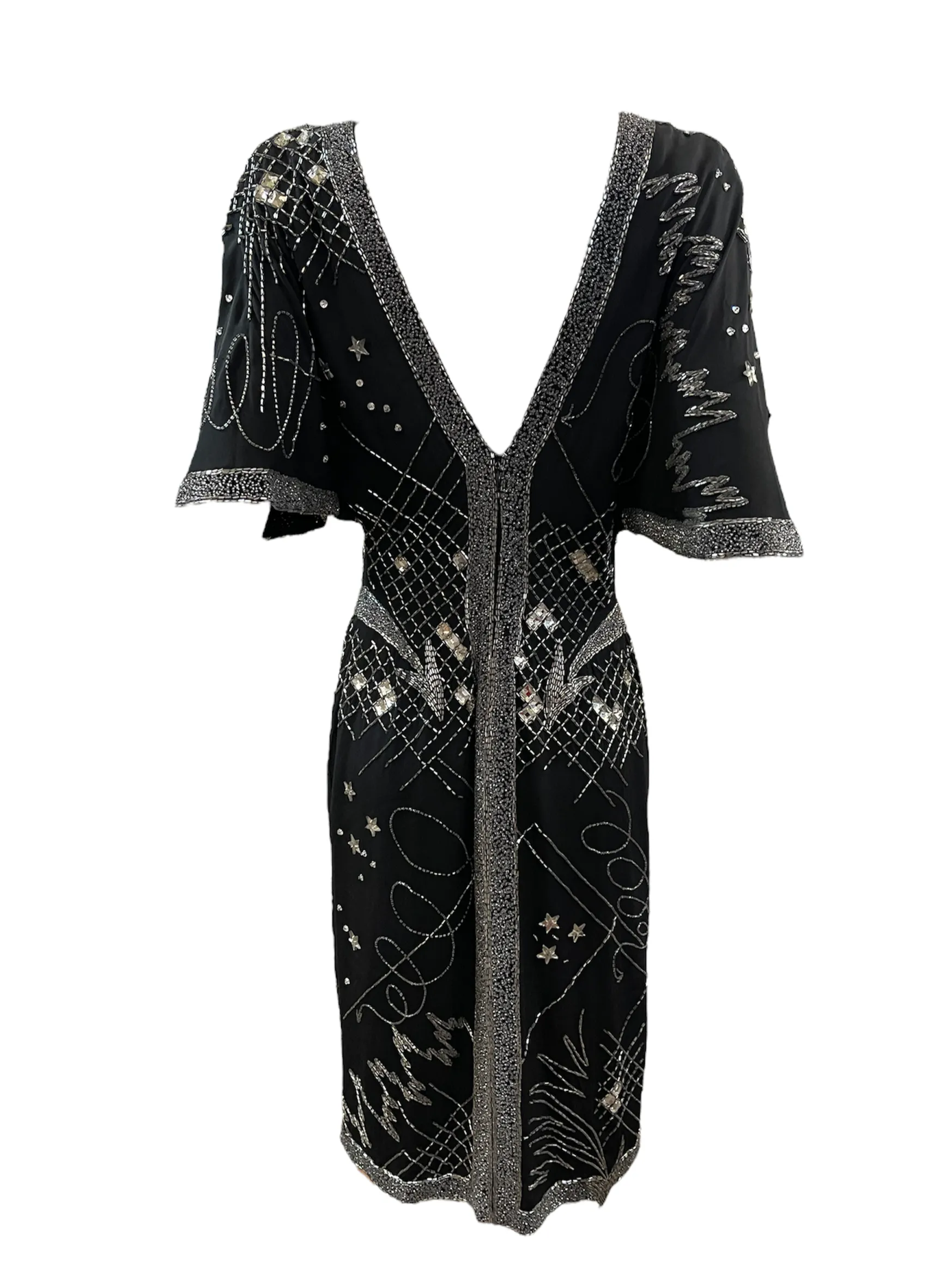 Fabrice 80s Black Beaded Cocktail Dress with Stars