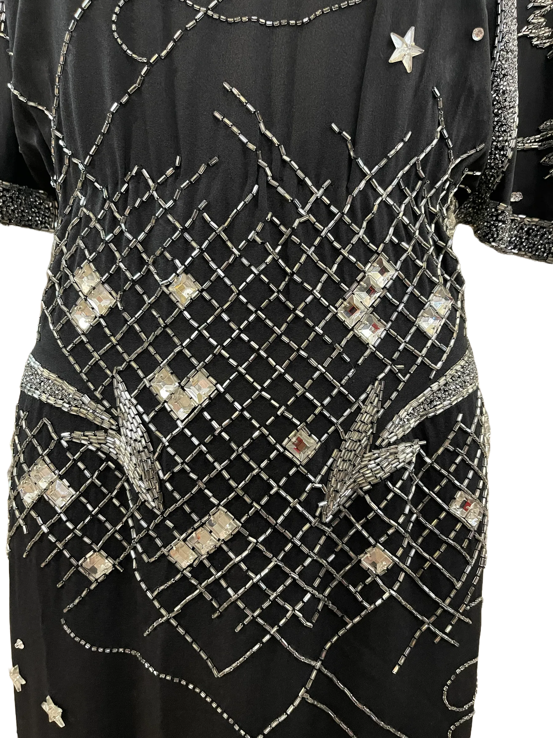 Fabrice 80s Black Beaded Cocktail Dress with Stars