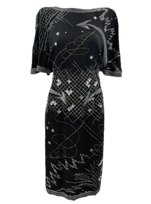 Fabrice 80s Black Beaded Cocktail Dress with Stars