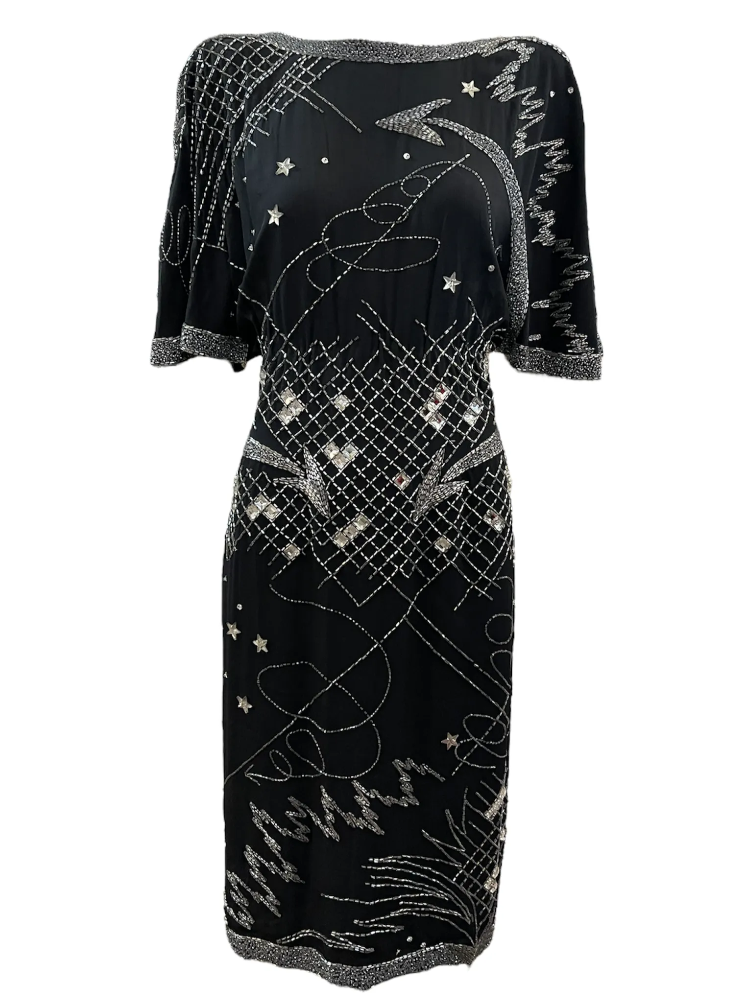 Fabrice 80s Black Beaded Cocktail Dress with Stars
