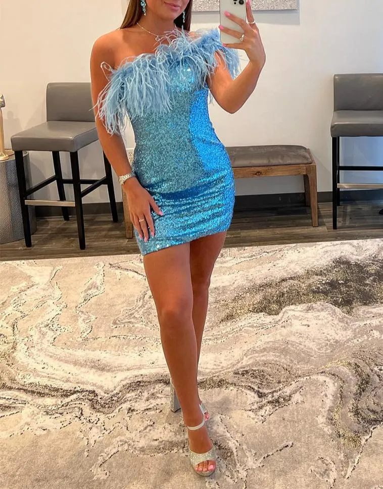 Farrah |Sheath Sequin Homecoming Dress with Feather