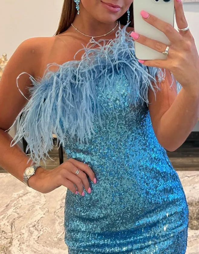 Farrah |Sheath Sequin Homecoming Dress with Feather