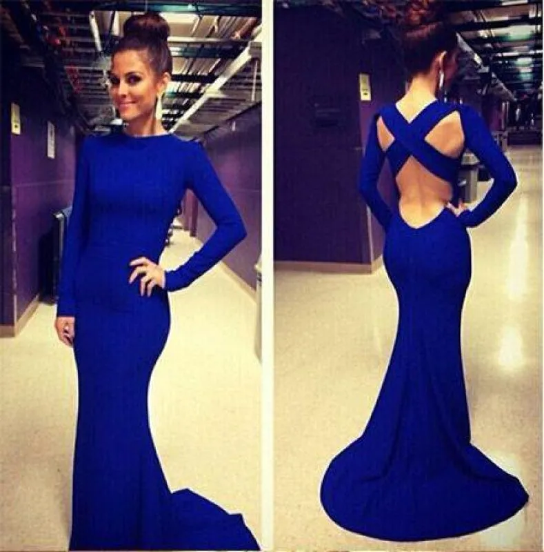 Fascinating Chic Eye-catching Long Sleeves Backless White Mermaid Prom High Neck Royal Blue Graduation Dress