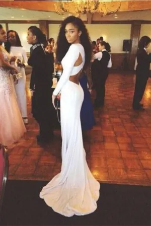 Fascinating Chic Eye-catching Long Sleeves Backless White Mermaid Prom High Neck Royal Blue Graduation Dress