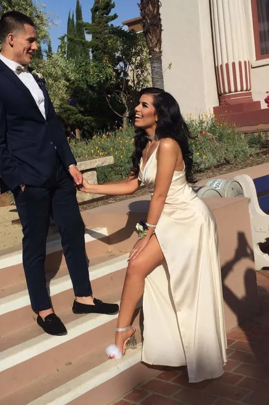 Fascinating Spaghetti Strap Sleeveless Side Slit Prom Dresses