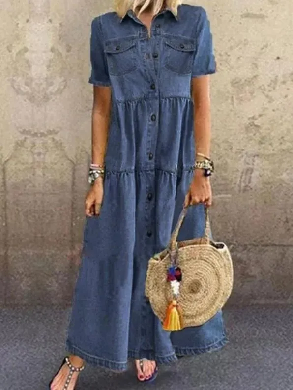 Fashion Demin Style Button Fall Long Dresses