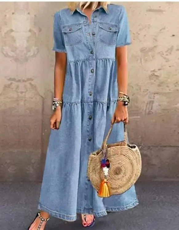 Fashion Demin Style Button Fall Long Dresses