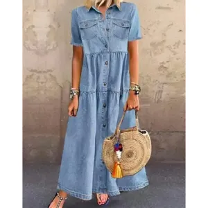 Fashion Demin Style Button Fall Long Dresses