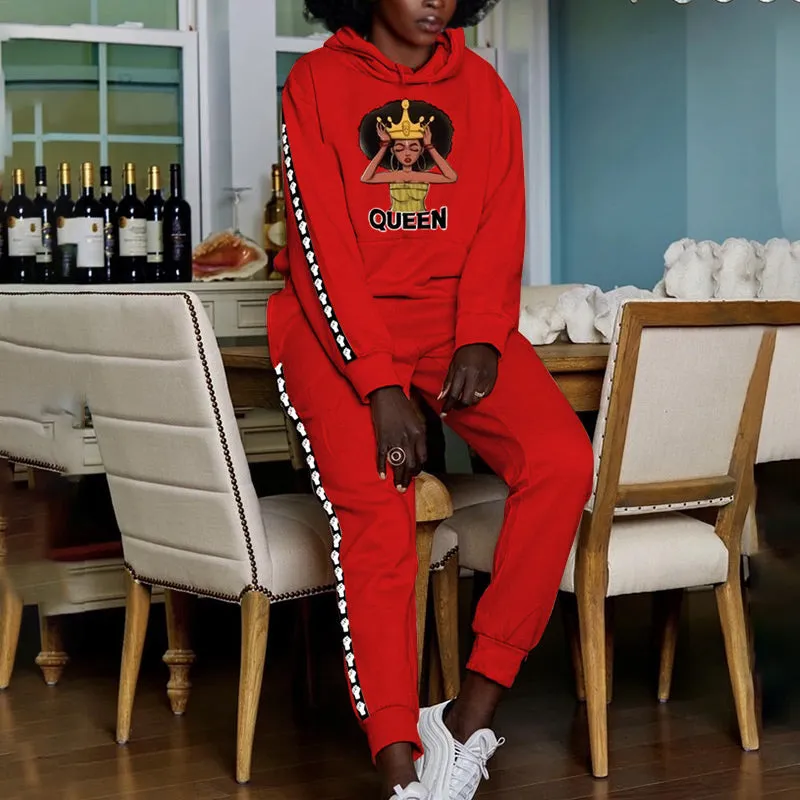 Fashion Queen Print Long Sleeve Hoodie Top & Pants Set