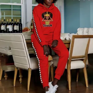 Fashion Queen Print Long Sleeve Hoodie Top & Pants Set
