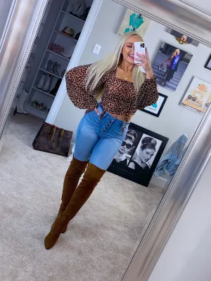 Feline Fine Ruched Long Sleeve Crop, Cheetah