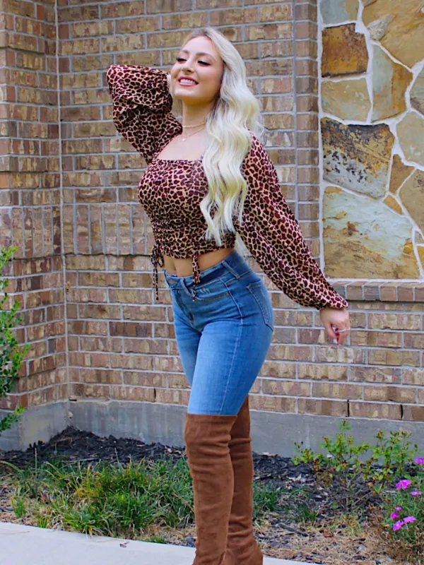 Feline Fine Ruched Long Sleeve Crop, Cheetah