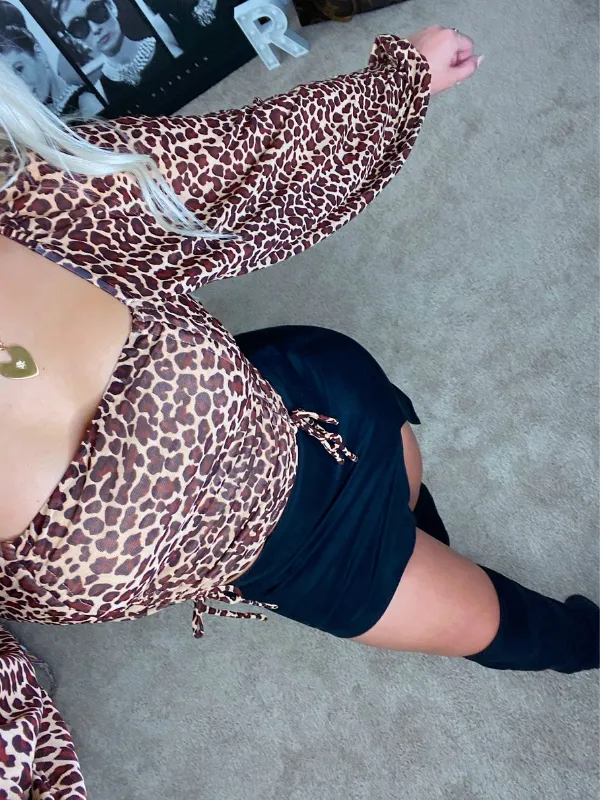 Feline Fine Ruched Long Sleeve Crop, Cheetah