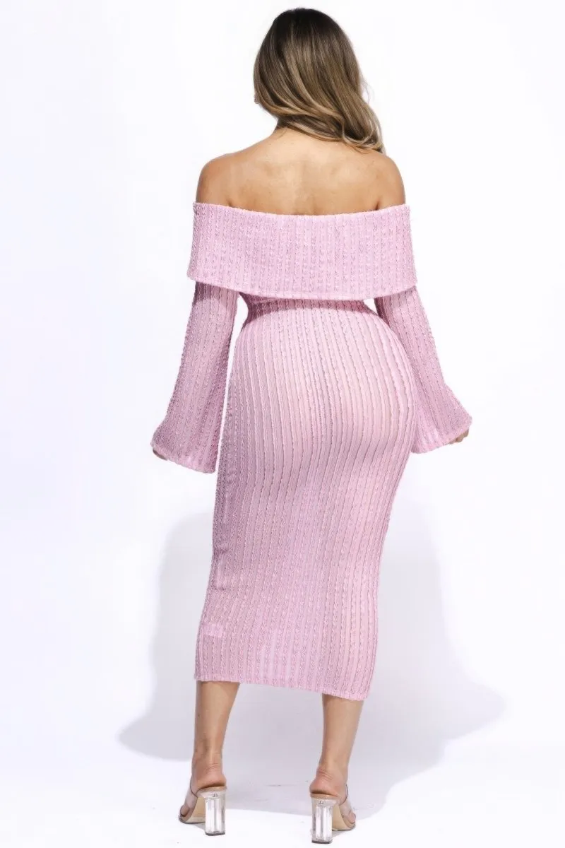Flared Sleeve Off The Shoulder Pink Midi Dress