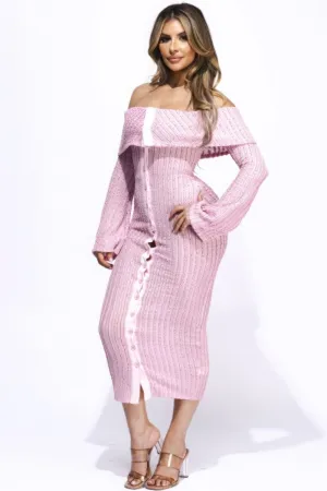 Flared Sleeve Off The Shoulder Pink Midi Dress
