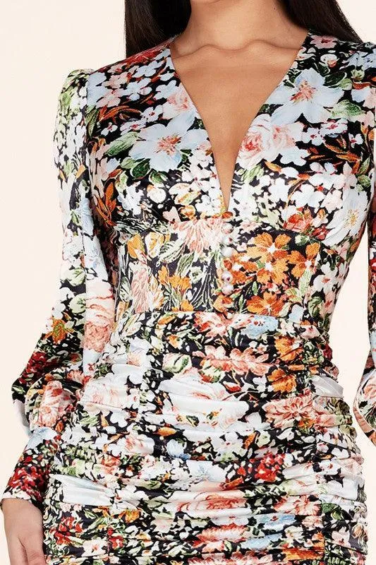 FLORAL BODYCON RUCHING MINI DRESS