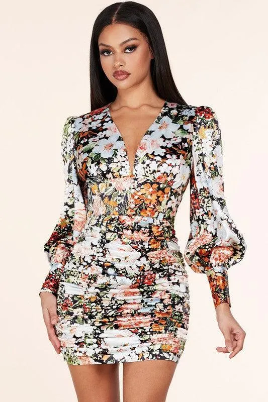 FLORAL BODYCON RUCHING MINI DRESS