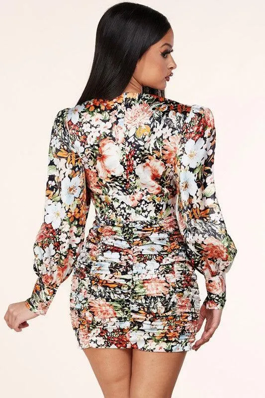 FLORAL BODYCON RUCHING MINI DRESS
