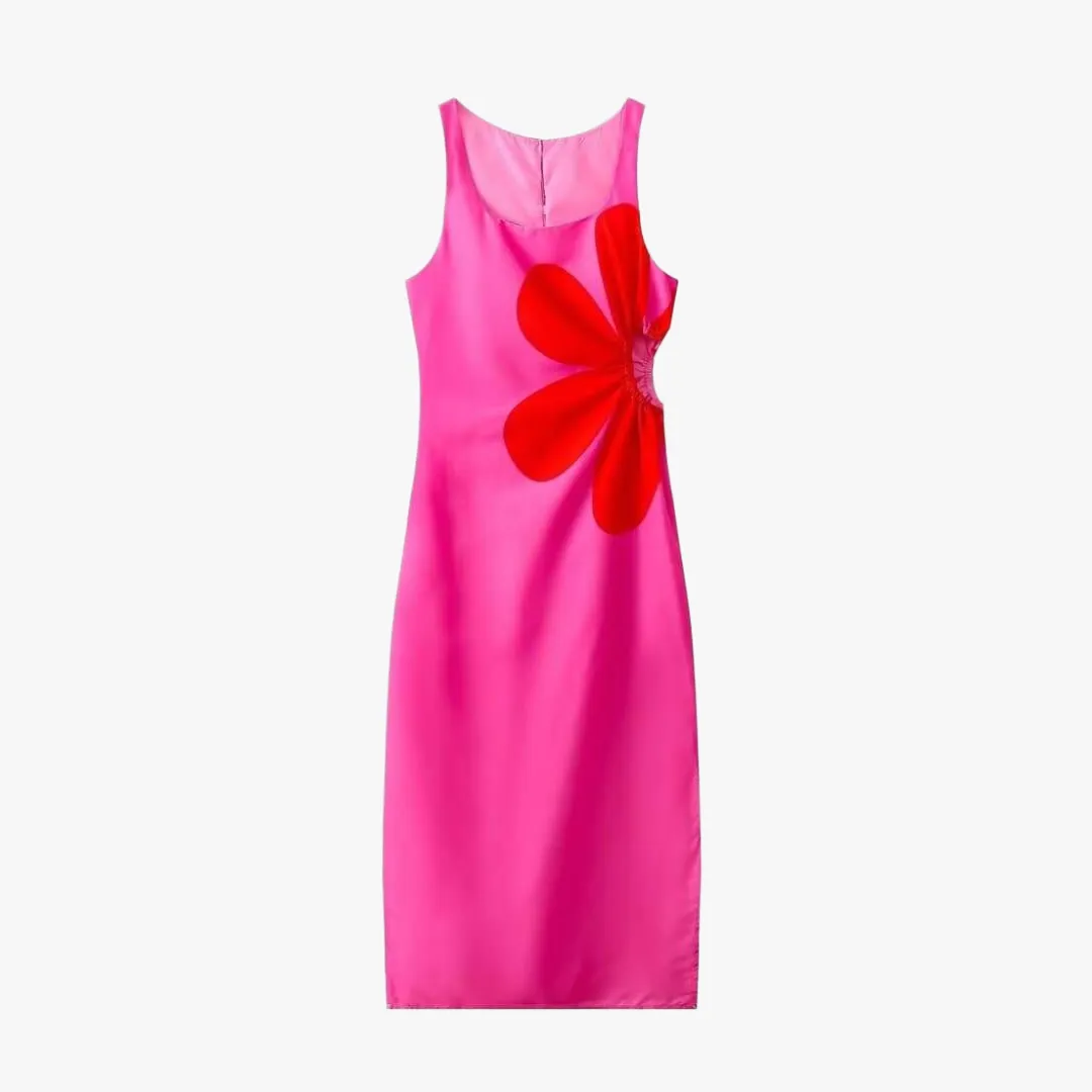 Floral Design Midi Dress with Side Slit