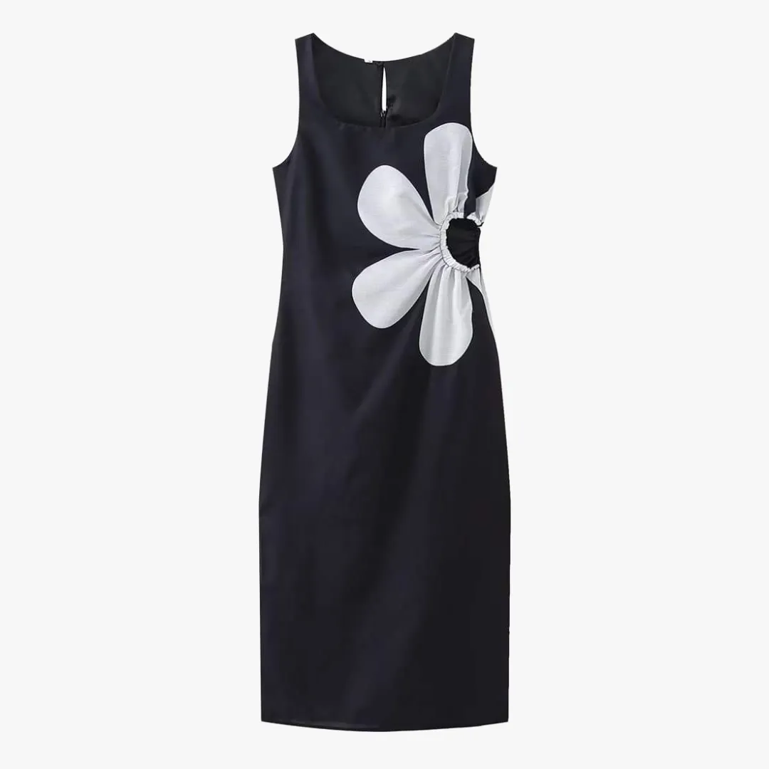 Floral Design Midi Dress with Side Slit
