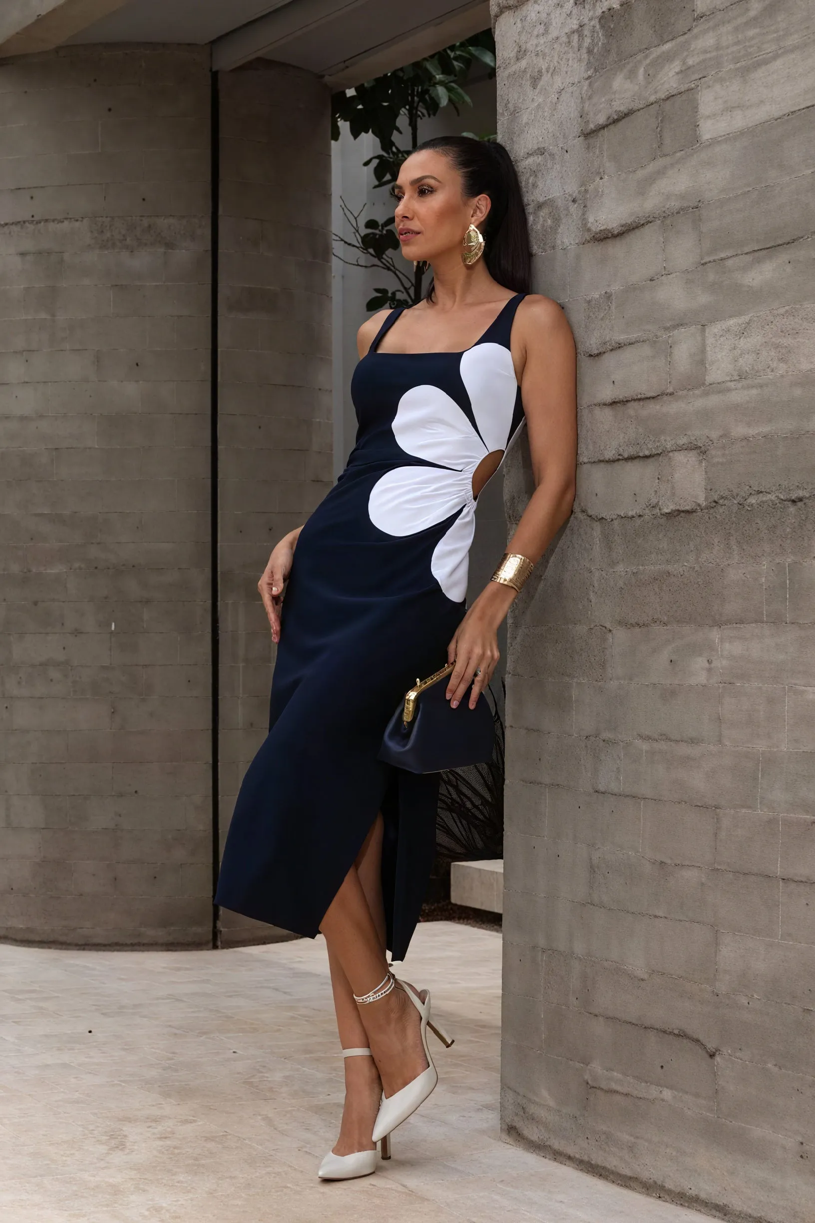 Floral Design Midi Dress with Side Slit