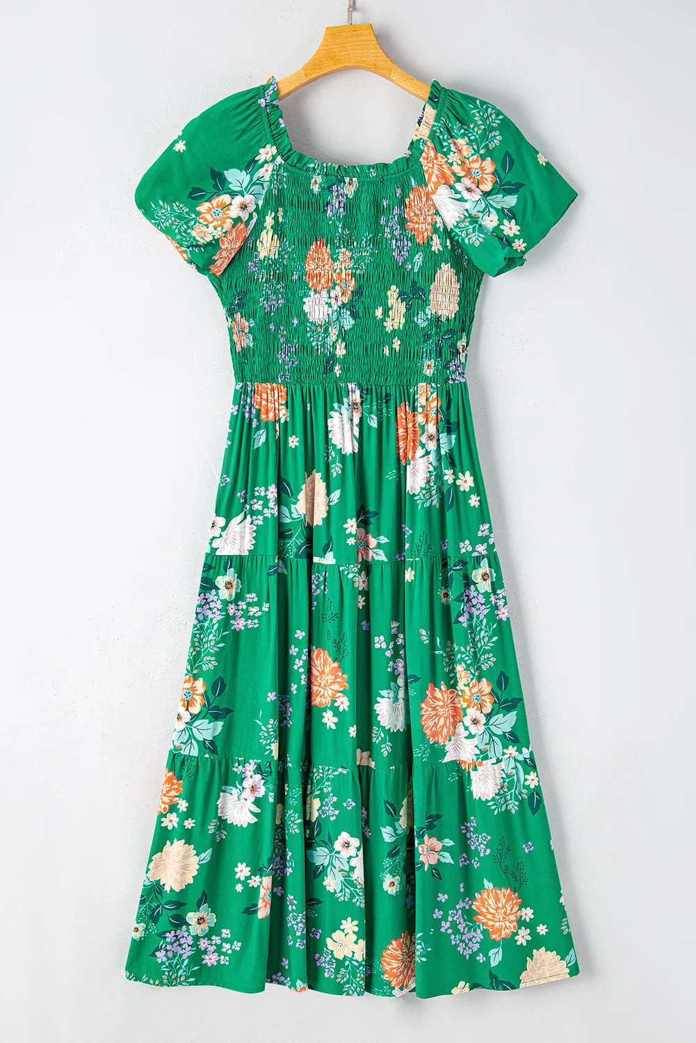 Floral Print Smocked Tiered Midi Dresses