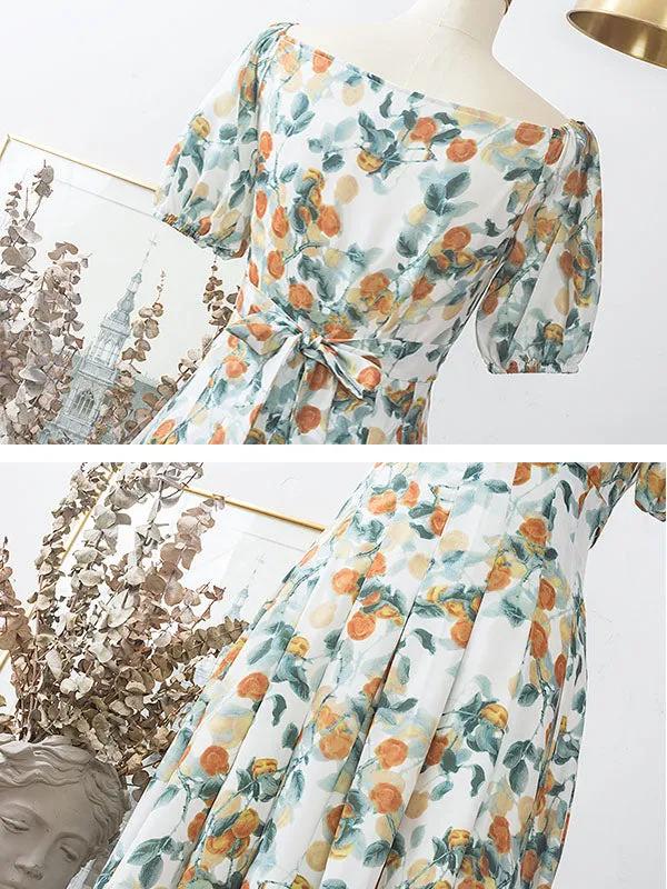Floral Print Square Collar Puff Sleeve 1950S Dress