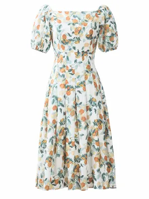 Floral Print Square Collar Puff Sleeve 1950S Dress