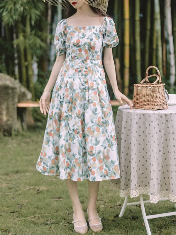 Floral Print Square Collar Puff Sleeve 1950S Dress