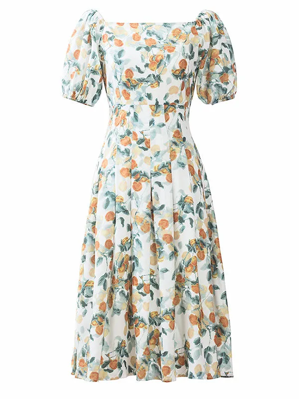 Floral Print Square Collar Puff Sleeve 1950S Dress