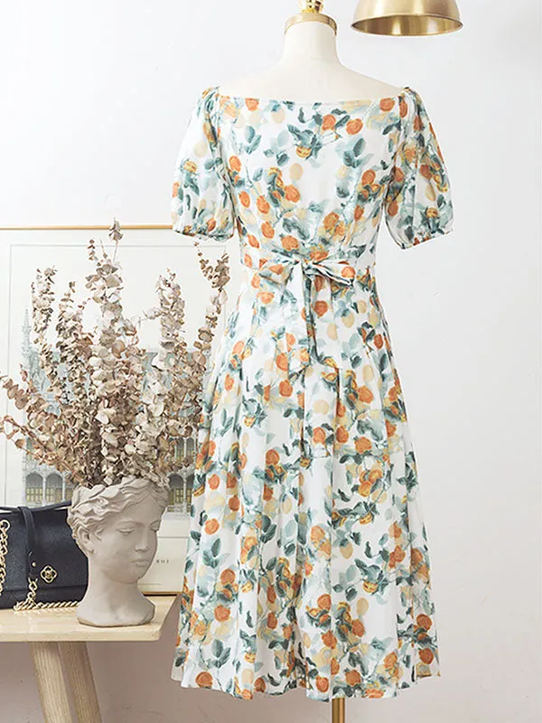 Floral Print Square Collar Puff Sleeve 1950S Dress