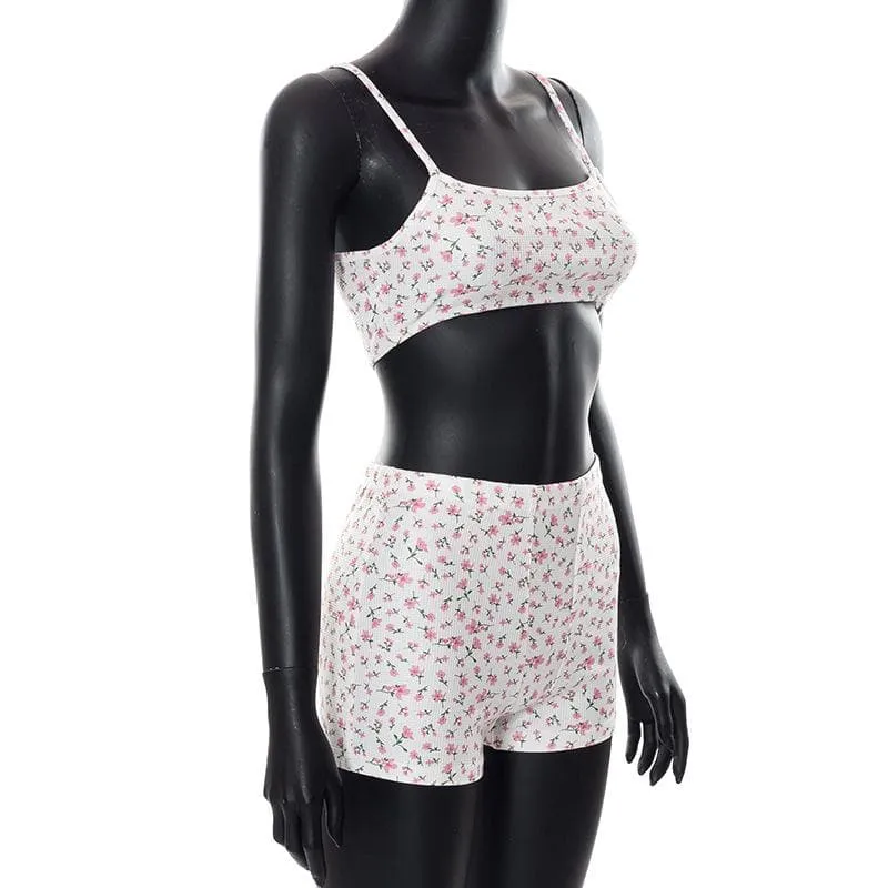 Floral print textured cami crop top short pant set