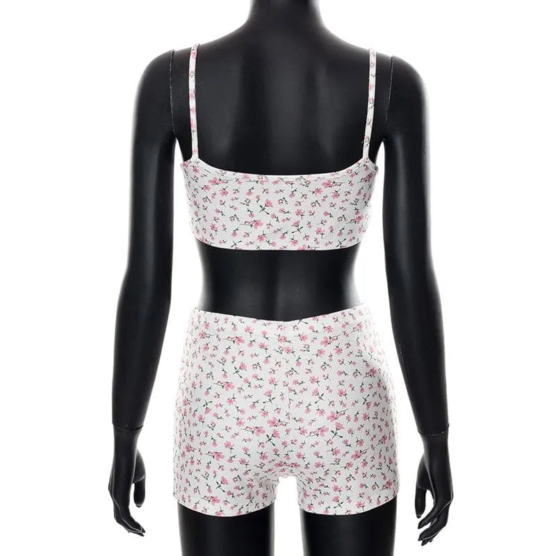 Floral print textured cami crop top short pant set
