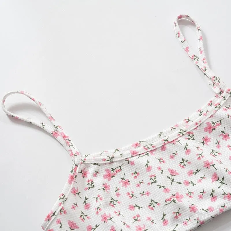 Floral print textured cami crop top short pant set