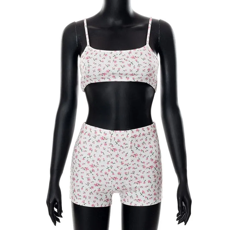 Floral print textured cami crop top short pant set