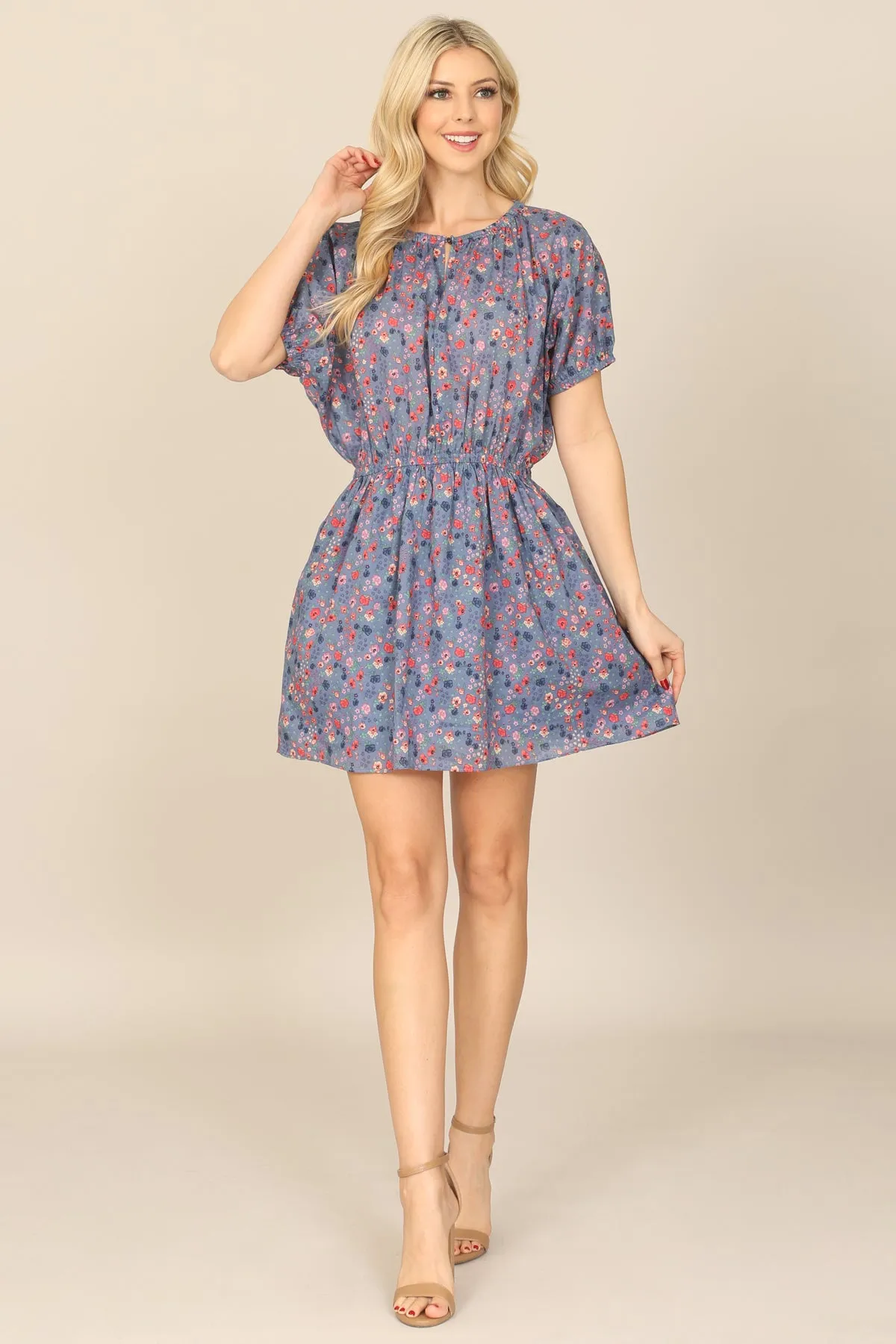 FLORAL PUFF SLEEVE ELASTIC WAIST FLORAL DRESS