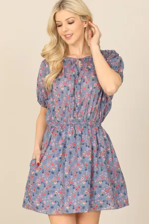 FLORAL PUFF SLEEVE ELASTIC WAIST FLORAL DRESS
