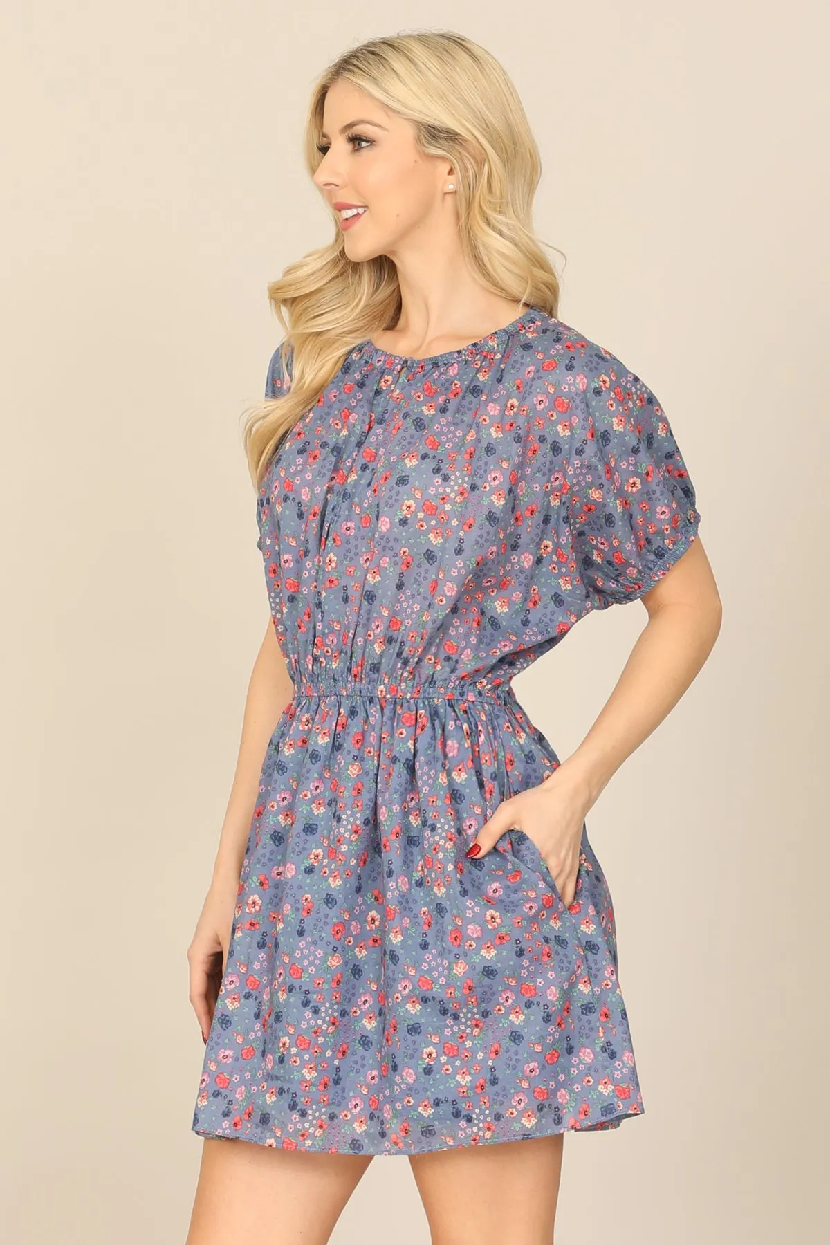 FLORAL PUFF SLEEVE ELASTIC WAIST FLORAL DRESS