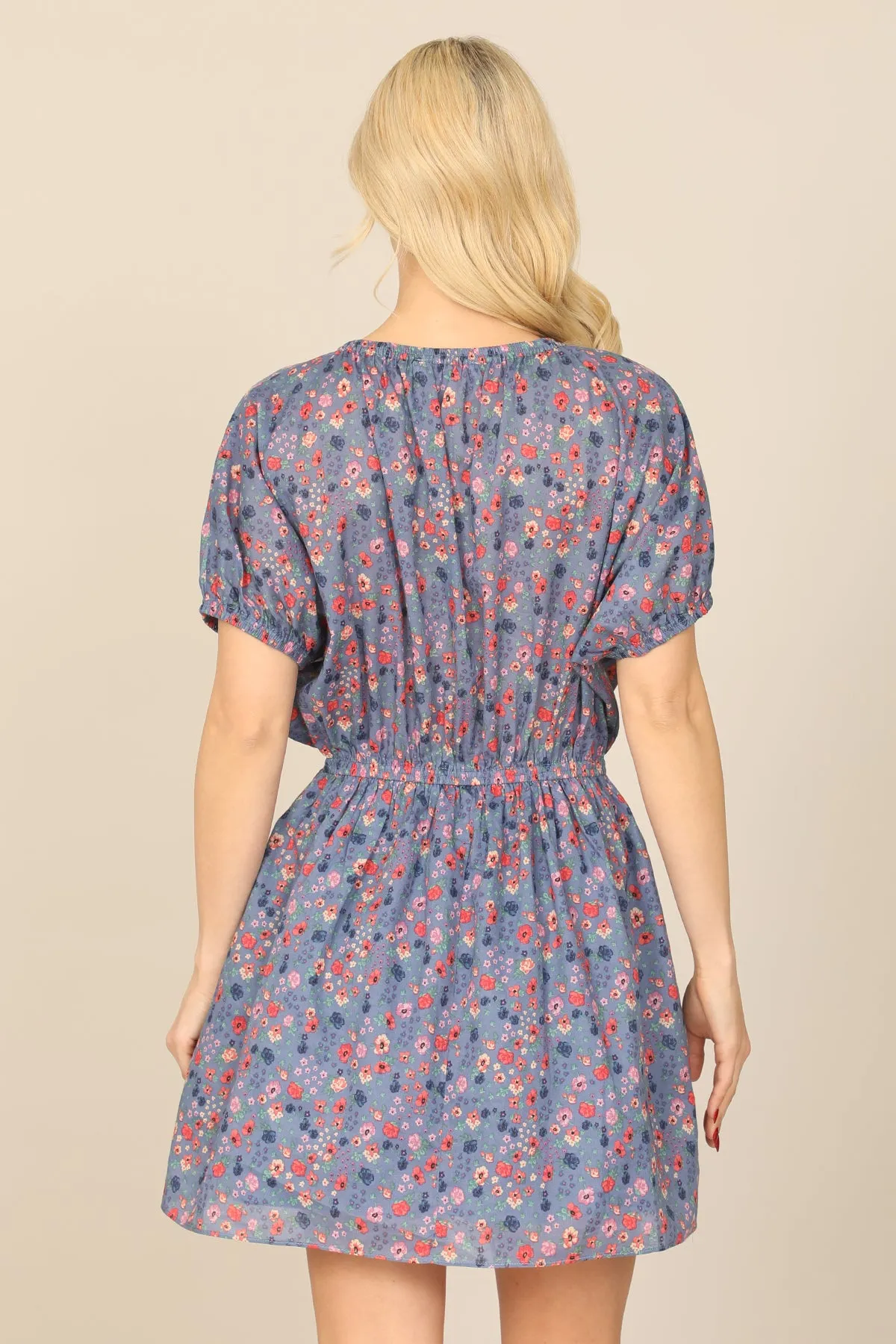 FLORAL PUFF SLEEVE ELASTIC WAIST FLORAL DRESS