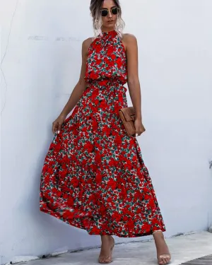 Floral Red Bohemian Boho Printed Hanging Neck Straps Maxi Dresses