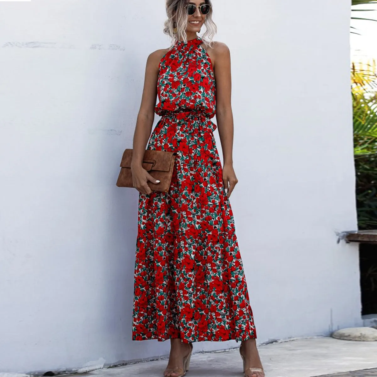 Floral Red Bohemian Boho Printed Hanging Neck Straps Maxi Dresses