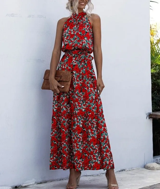 Floral Red Bohemian Boho Printed Hanging Neck Straps Maxi Dresses