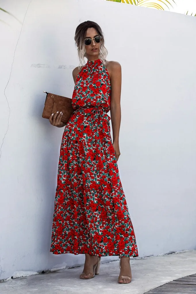 Floral Red Bohemian Boho Printed Hanging Neck Straps Maxi Dresses