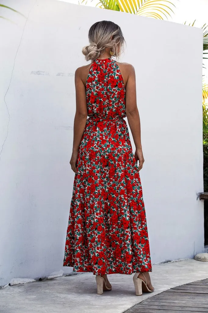 Floral Red Bohemian Boho Printed Hanging Neck Straps Maxi Dresses
