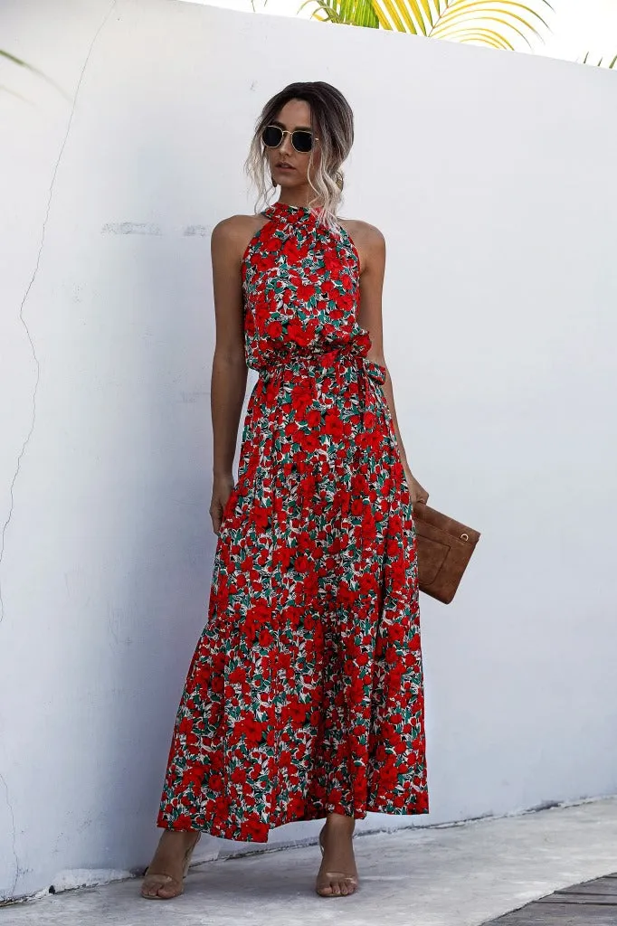 Floral Red Bohemian Boho Printed Hanging Neck Straps Maxi Dresses