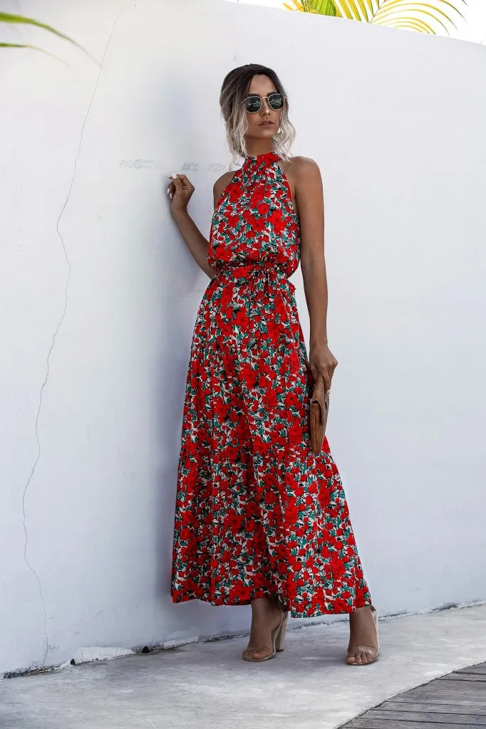 Floral Red Bohemian Boho Printed Hanging Neck Straps Maxi Dresses