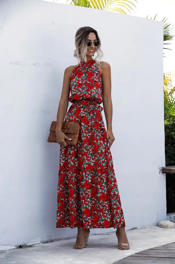 Floral Red Bohemian Boho Printed Hanging Neck Straps Maxi Dresses
