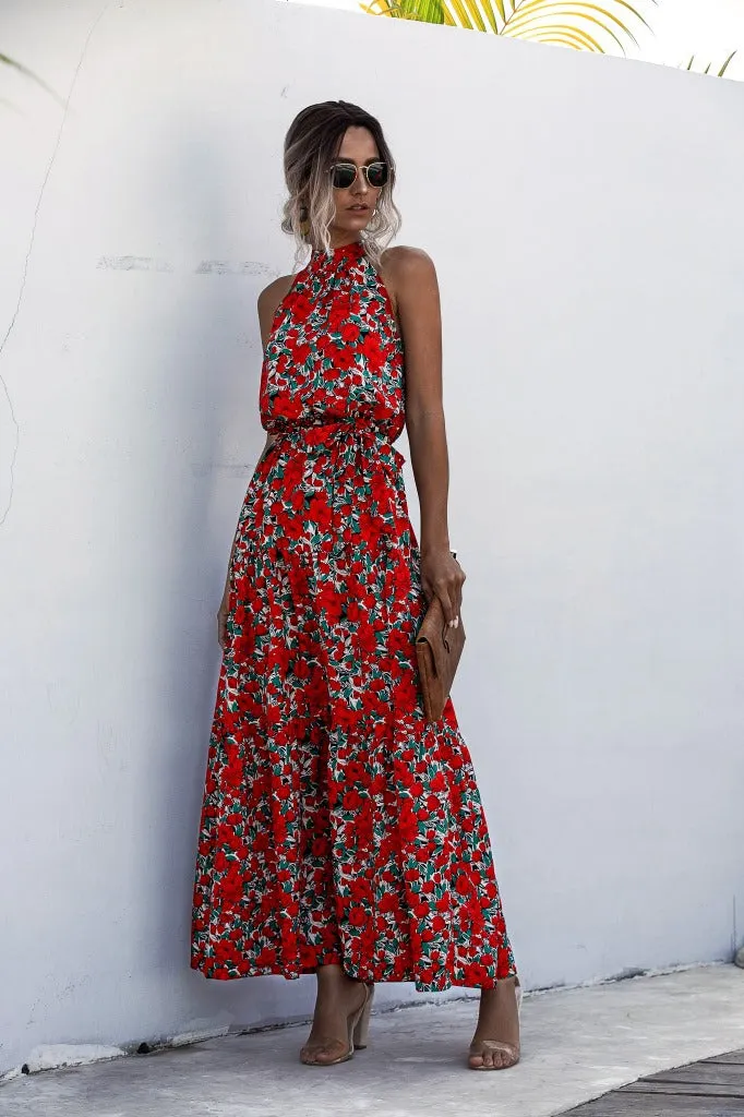 Floral Red Bohemian Boho Printed Hanging Neck Straps Maxi Dresses